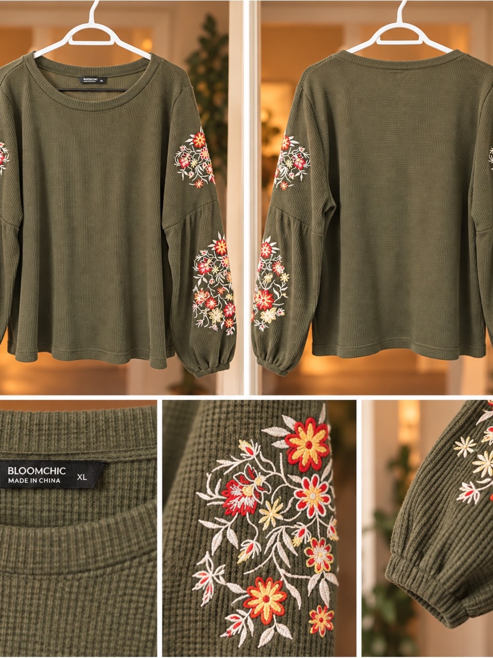BloomChic Olive Green Waffle-Knit Long Sleeve Top with Floral Embroidery